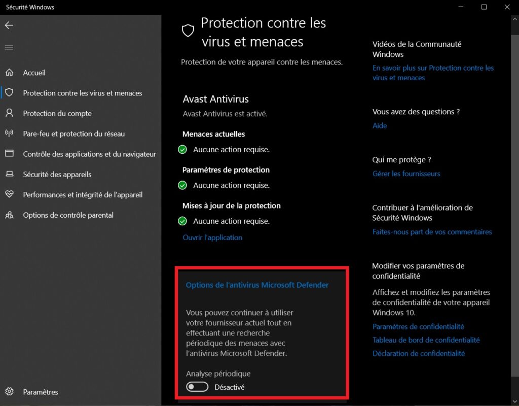 Emplacement Microsoft Defender sur Windows 10