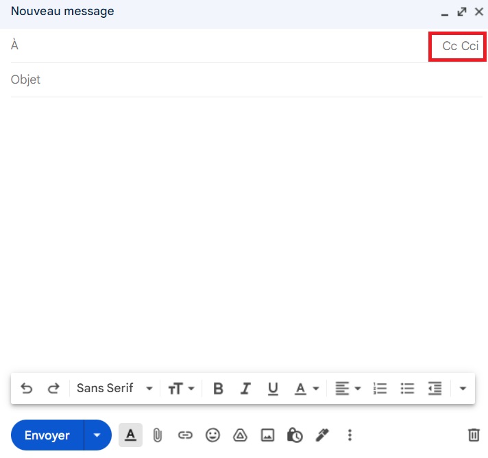 Fenêtre d'écriture de mail sur Gmail avec option CC ou CCI