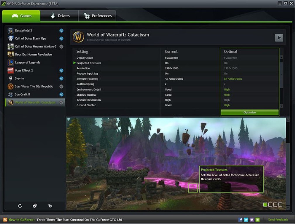 Interface d'utilisation des jeux via Nvidia Geforce Experience