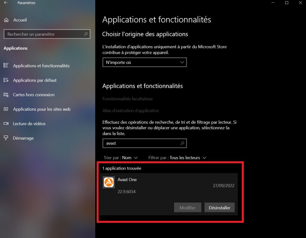 Desinstallation de l'antivirus en cas d'erreur 0x80080008 avec Windows 10